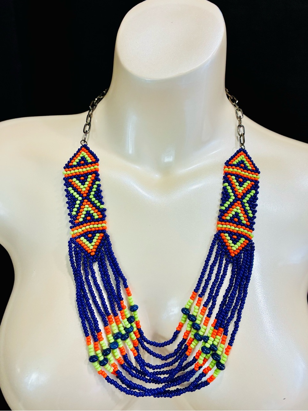 Festival Chic Blue Multicolor Beaded Statement Necklace Neon Lightweight